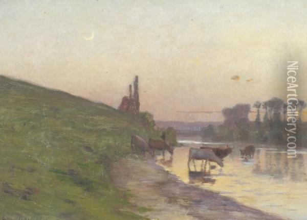 Kanallandschaft Mit Kuhen Oil Painting - Ernest Baillet
