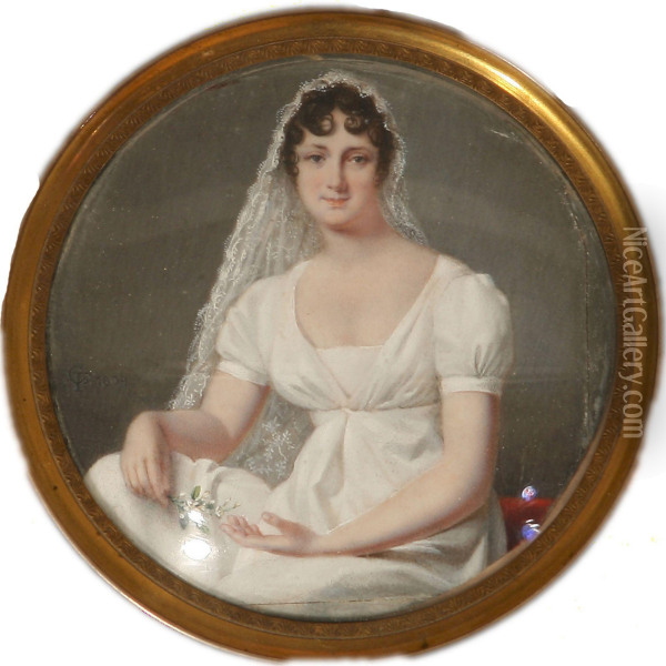 Miniature Portrait Of A Young Bride In White Gown Oil Painting - Jean Francois Gerard Fontallard