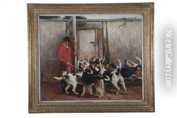 Foxhounds In A Stable Oil Painting - John Sargent Noble