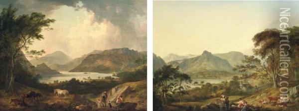 View Of Ullswater, Cumberland, 
Taken From Gowbarrow Park; And View Of Grasmere, Westmoreland, Taken 
From White Moss Oil Painting - Julius Caesar Ibbetson