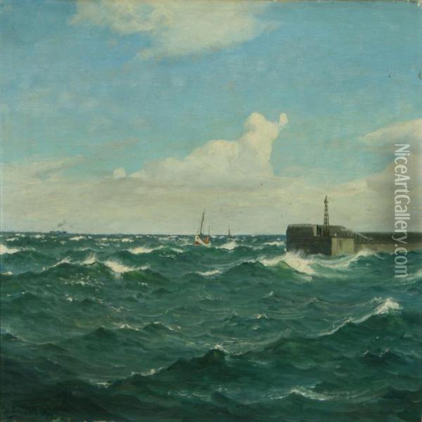 Seascape With Shipsoutside A Pier Oil Painting - Christian Benjamin Olsen