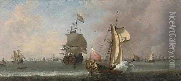 A Dutch Man-o'war And Other Shipping Off The Coast Of Flushing Oil Painting - Willem van de, the Elder Velde
