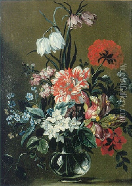 Bouquet De Fleurs Dans Un Vase Transparent Sur Un Entablement Oil Painting - Jean-Baptiste Belin de Fontenay the Elder