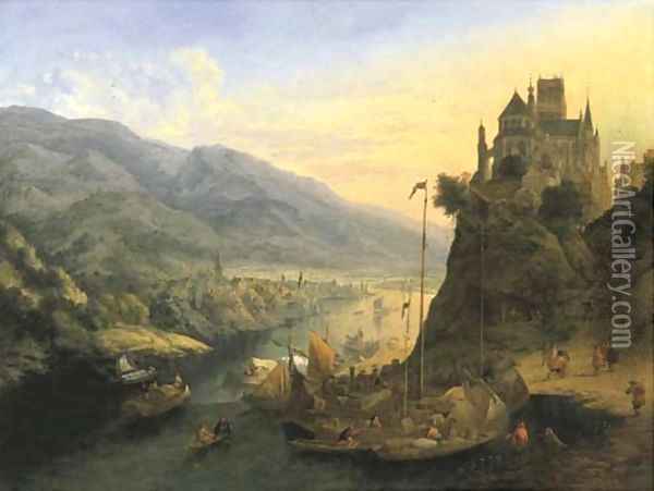 A Rhenish river landscape with a city below and a monastery on a hill Oil Painting - Jan Griffier