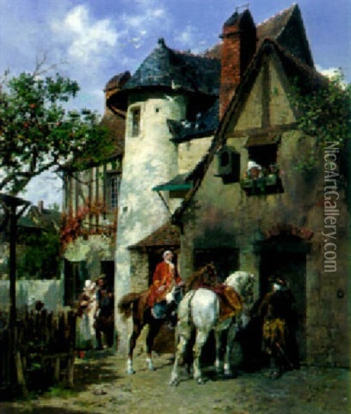 The Arrival Of The Horsemen To The Inn Oil Painting - Francois Adolphe Grison