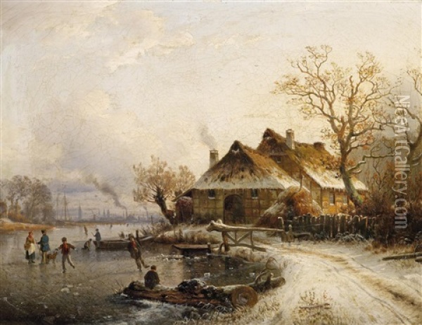 Winterlandschaft Mit Personen Auf Dem Eis Oil Painting - Johannes Bartholomaeus Duntze