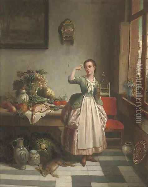 A girl in a pantry, holding a bird on her right hand Oil Painting - Dutch School