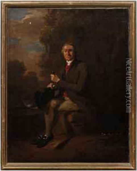 Portrait Of A Gentleman, Seated Full-length, A Hat And Cane In Hishand, In A Landscape Oil Painting - Francis Wheatley