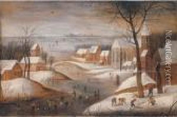 A Wooded Winter River Landscape 
With A Town, Skaters Andwoodchoppers, Another Town Beyond Oil Painting - Abel Grimmer