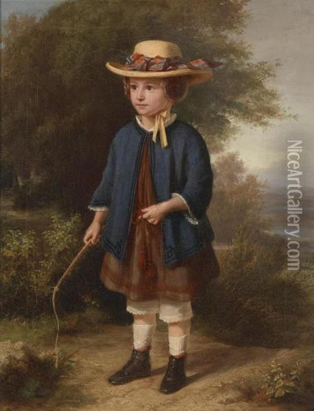 Child In Blue Cape With Rod Oil Painting - Heinrich Bohn