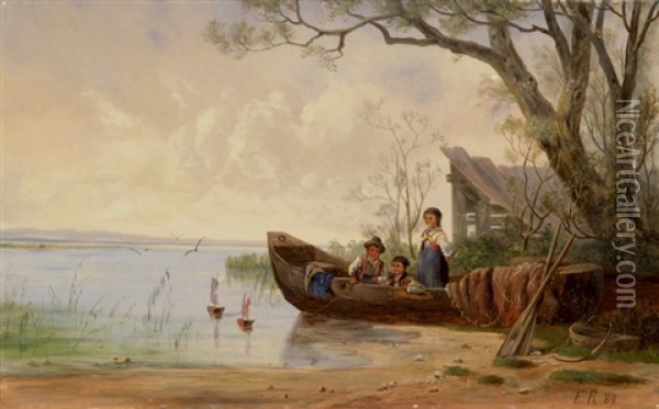 Kinder In Einem Ruderboot, Mit Schiffchen Spielend Oil Painting - Gottlieb Emil Rittmeyer