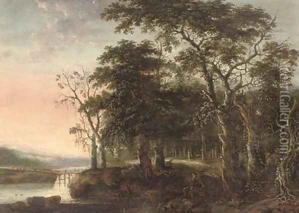 A wooded river landscape with a herdsman on a donkey and a flock of goats on a track Oil Painting - School Of Haarlem