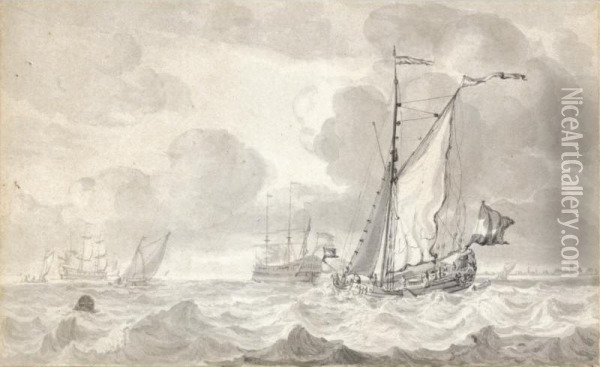 A Single Masted Vessel In A Choppy Sea, With Other Ships In The Distance, And A Town On The Horizon To The Right Oil Painting - Jan Claes Rietschoof