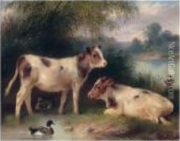 Calves And Ducks Oil Painting - Walter Hunt