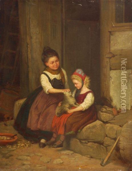 Two Young Girls Playing With A Cat Oil Painting - Franz Gaul