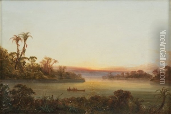 Indians In A Canoe In A Tropical Landscape Oil Painting - Norton Bush