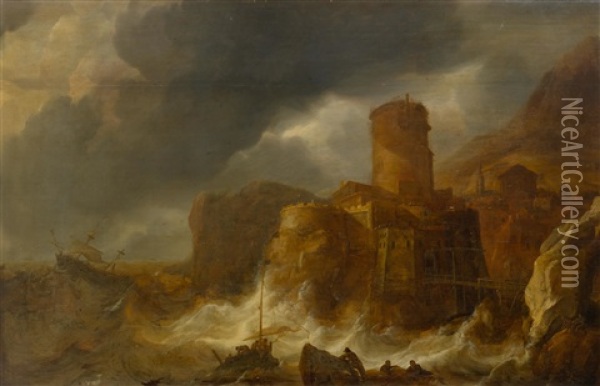 Stormy Coastal Landscape Oil Painting - Jan Abrahamsz. Beerstraten