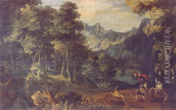 A Tiger Hunt In The Forest, A Valley Beyond Oil Painting - Gillis Van Coninxloo III