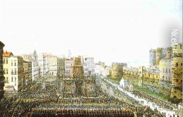Vue Da La Place Du Chateau Royal A Naples Le Jour Du Carnaval Oil Painting - Pietro Antoniani
