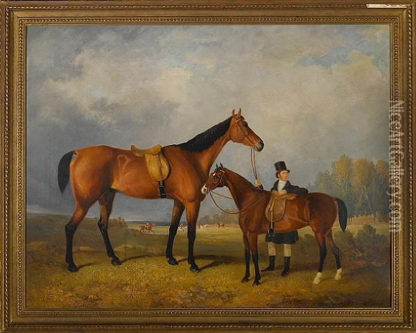 A Groom With His Hack Holding His Master's Horse Oil Painting - William Barraud