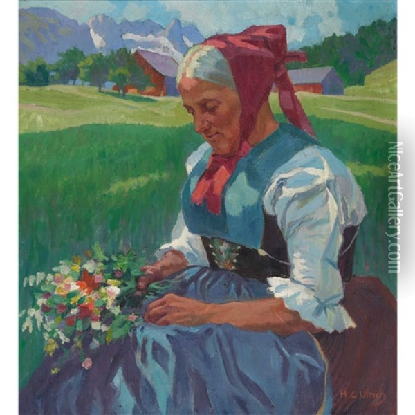 Trachtenfrau Mit Blumenstrauss Vor Alplandschaft Oil Painting - Hans Casper Ulrich