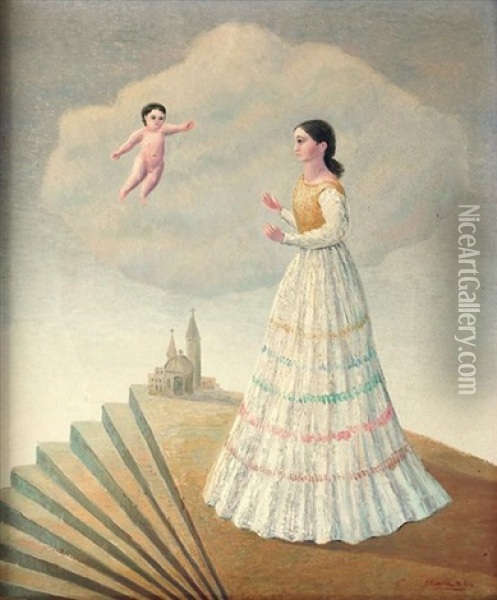 Anunciacion Con Escalera En Abanico Oil Painting - Emilio Rosenblueth
