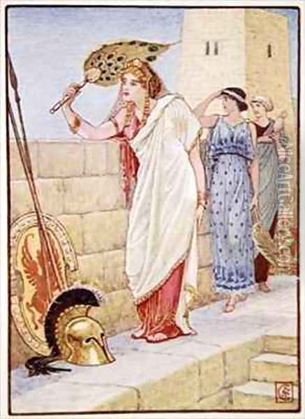 Often she would stand upon the walls of Troy Oil Painting - Walter Crane