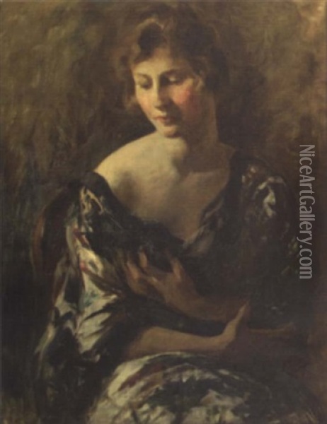 Portrait Of A Woman In Kimono Dress Oil Painting - Henry Woodbridge Parton