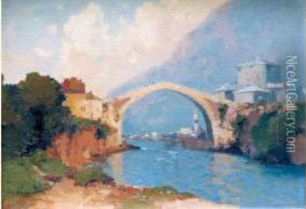 Le Pont De Mostar Oil Painting - Aleksei Vasilievich Hanzen