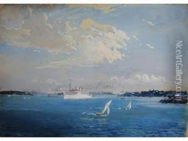 The P&o Liner Stranraer Leaving Sydney Oil Painting - Herbert Kerr Rooke