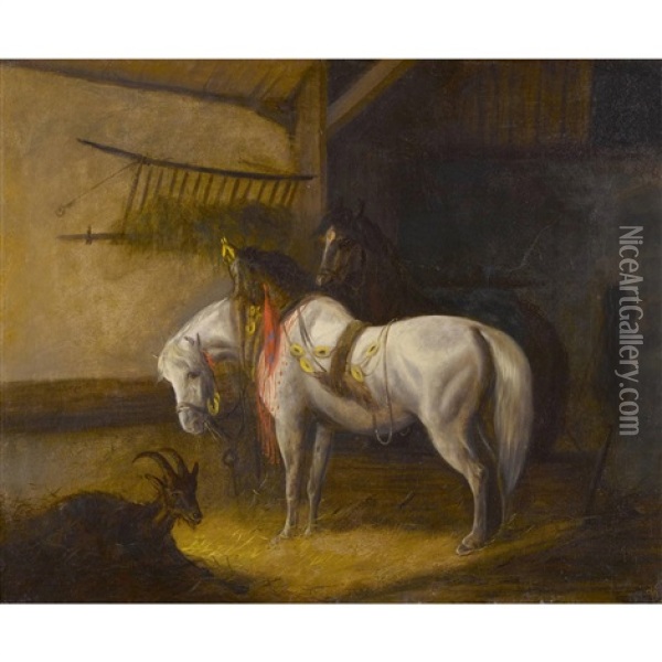 Pferde Und Ziege Im Stall Oil Painting - Johann Rudolf Koller