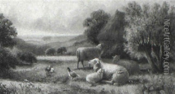 Sheep And Poultry In A Landscape Oil Painting - Jacob Van Dieghem