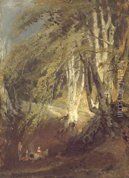 A Beech Wood with Gypsies Seated Round a Campfire, c.1799-1801 Oil Painting - Joseph Mallord William Turner