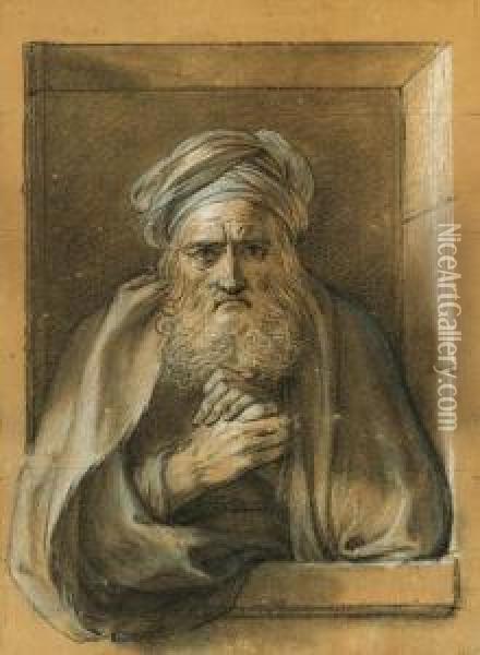 An Old Bearded Man Wearing A 
Turban Leaning On The Ledge Of Awindow And Rubbing His Hands Together Oil Painting - Charles-Antoine Coypel