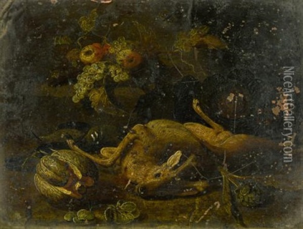 Still Life With A Deer, A Hound, An Artichoke, A Melon, Grapes And Other Fruit Together In A Landscape Oil Painting - Jan van Kessel