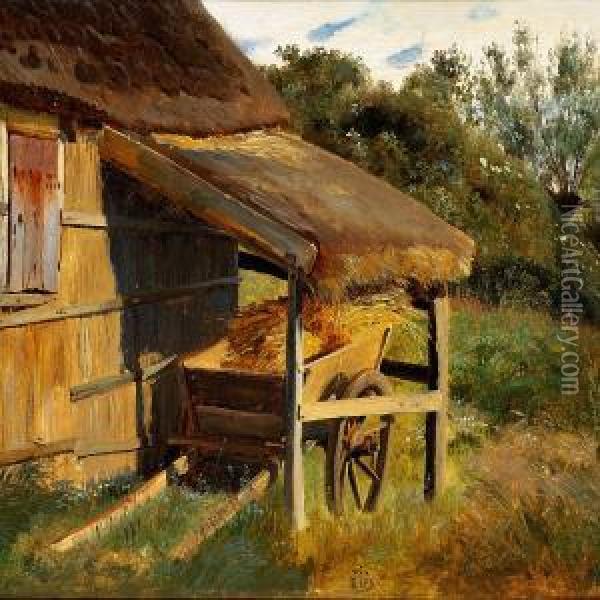A Cart Under Ashed Roof By A Farmhouse Oil Painting - Johan Thomas Lundbye