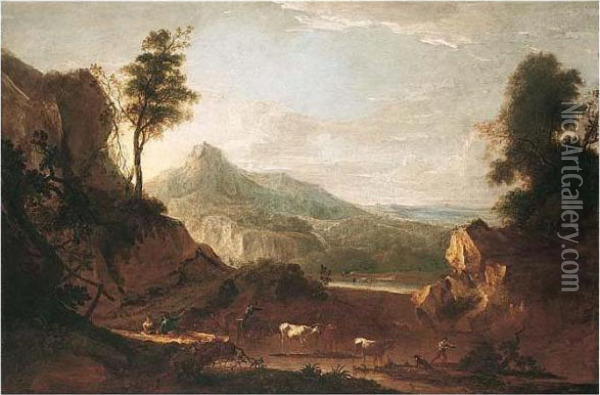 A Mountainous Landscape With Rustics In The Foreground Oil Painting - Thomas Barker of Bath
