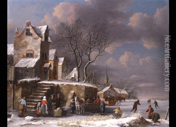 Hollandisches Dorf An Zugefrorenem See Oil Painting - Nicolaes Molenaer