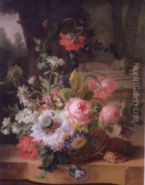 Still Life Of Poppies, Roses, Violets And Other Flowers In A Basket With A Shell On A Stone Ledge Oil Painting - Willem van Leen