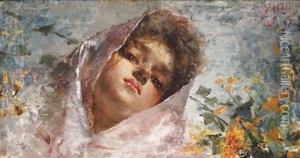 Portrat Einer Jungen Frau Mit Rosa Schal Oil Painting - Vincenzo Irolli