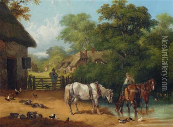 A Boy Watering Horses In A Farmyard Oil Painting - Charles Shayer