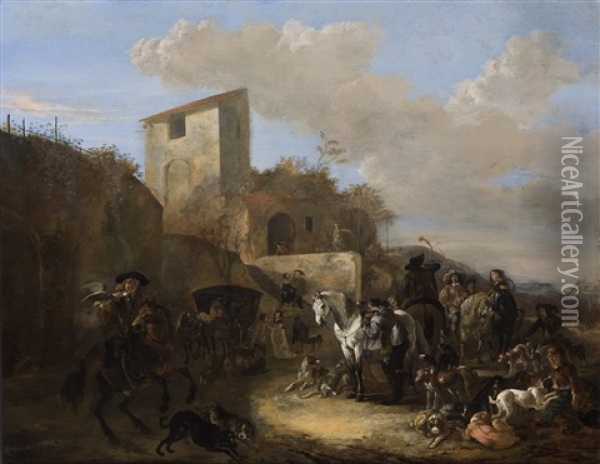 The Rest Of A Falconry Hunting Party Near An Inn Oil Painting - Dirk Stoop