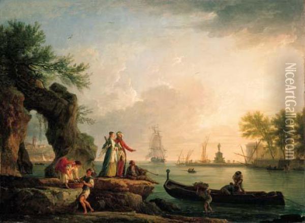 A Mediterranean Port At Sunset 
With A Levantine Couple On An Outcrop And Fishermen Unloading Their 
Catch Oil Painting - Claude-joseph Vernet