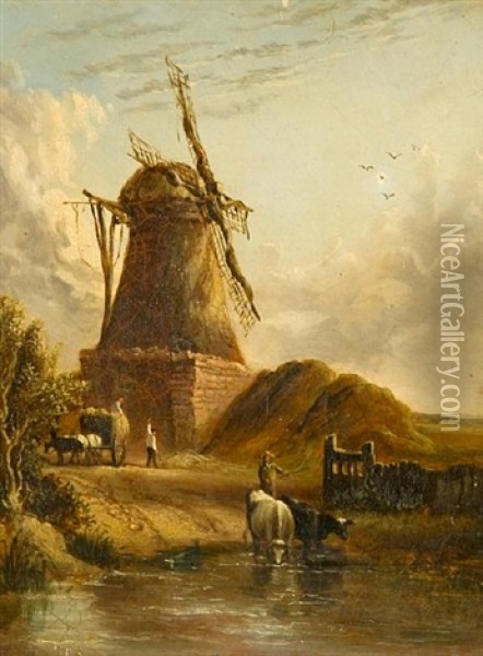 Landscape With Haycart, Cattle And Figures Before A Windmill Oil Painting - Anthony Sandys