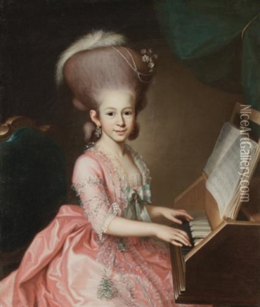 Portrait Of A Young Lady At The Clavichord, Said To Be Henriette Haussmann (1771-1802) Oil Painting - Georg Anton Abraham Urlaub