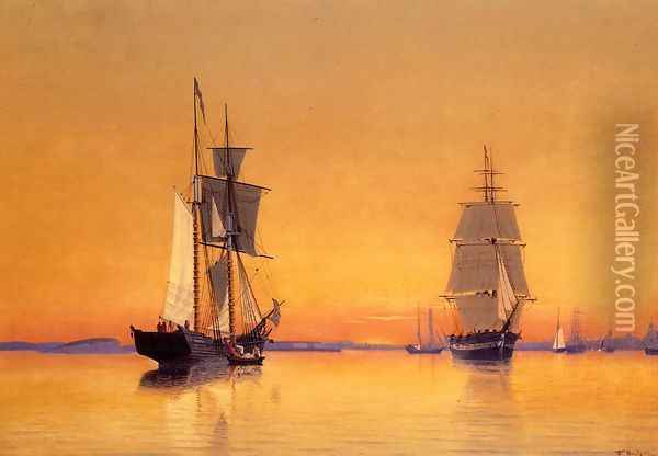 Ships in Boston Harbor at Twilight Oil Painting - William Bradford
