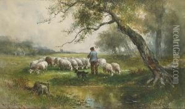 A Shepherd, His Dog, And His Flock In A Pasture Oil Painting - Hugo Anton Fisher