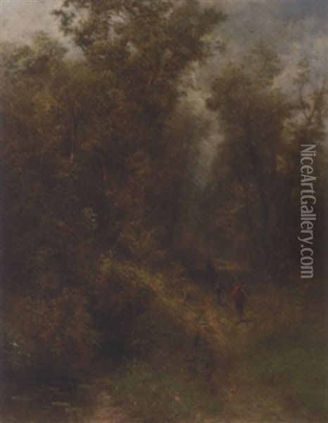 Figures On A Forest Path Oil Painting - Pieter Lodewijk Francisco Kluyver