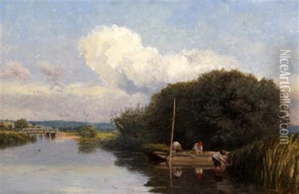 River Landscape With Reed Cutters Oil Painting - John Henry Dearle