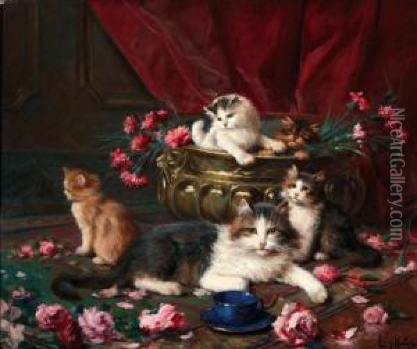 Poes Met Vier Kittens Oil Painting - Leon Charles Huber